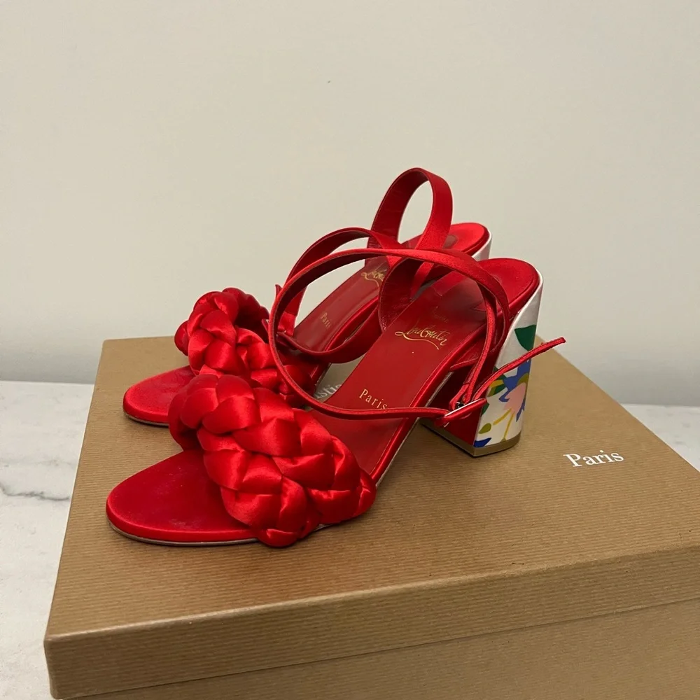 Christian Louboutin Red Satin Braided Block Heel Sandals with Painted Heel